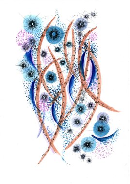 İllüstrasyon, doğal formları oluşturan düz, organik çizgiler ve elementlerle soyut bir tarzda yapılır..