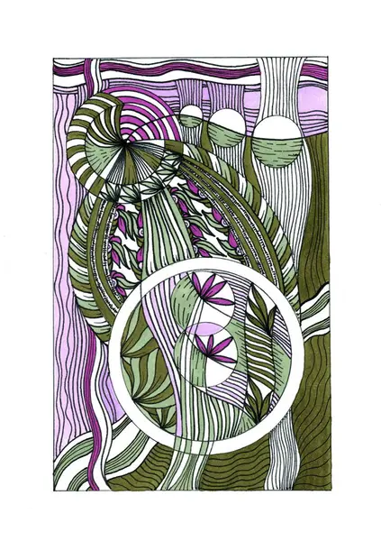 Net çizgilerin unsurları, yuvarlak desenler ve tekrarlayan motifler ile soyut illüstrasyon akıcılık ve uyum hissi yaratır..