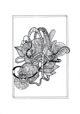 Çift uzunluklu ya da zentangle tekniği kullanılarak yapılan karmaşık bir soyut kompozisyon. Çerçevenin içinde yapraklar, kurdeleler, küreler ve organik desenler gibi çeşitli şekiller iç içe geçmiştir..