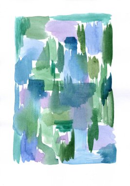 İllüstrasyon, havalı tonlarda soyut bir suluboya kompozisyonu. Kaotik fırça darbeleri şeklinde uygulanan yeşil, mavi ve mor kombinasyonların egemenliği altındadır..