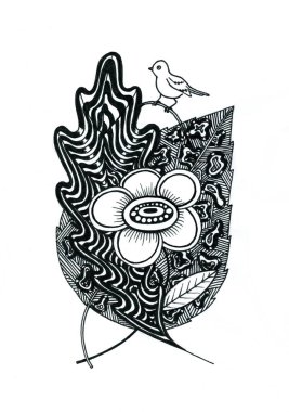 Çiçekli bir yaprağın stilize edilmiş görüntüsü ve dalda oturan küçük bir kuş, siyah beyaz grafiklerle yapılmış..