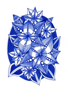 Noktalar, çizgiler ve yumurtadan çıkan mavi çizgilerle detaylandırılmış çiçek ve yaprakların tasviri.