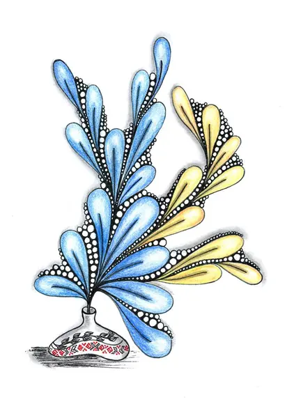 Çizim, dekoratif bir grafik tarzında yapılmış ve çok renkli bir bitki ya da stilize edilmiş bir arkaplanı andıran bir kompozisyona benziyor..