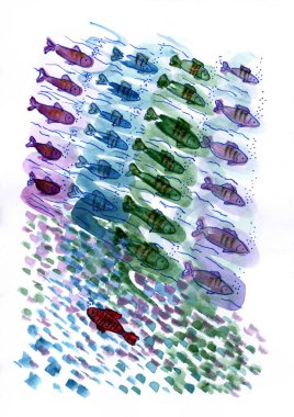 Resimde suluboya ve kalemle çizilmiş stilize balık tasvir ediliyor..