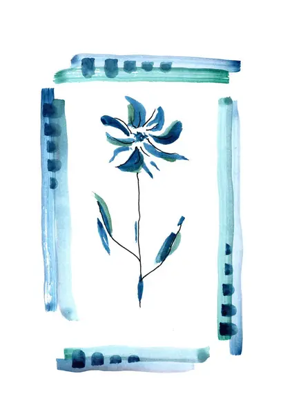 Bu mavi ve yeşil tonlarda stilize edilmiş bir çiçeğin suluboya çizimi. Çiçeğin taç yaprakları bulanıklaşır, gölgelerin pürüzsüz geçişi ona hafiflik ve hava verir.. 