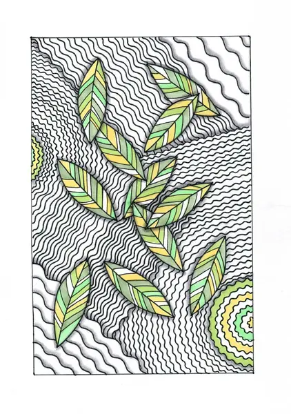 Bu illüstrasyon soyut bir tarzda yapılır ve doğal motifleri grafik elementlerle birleştirir. Bileşimin ana nesneleri geometrik tarzda yapılmış yapraklardır..