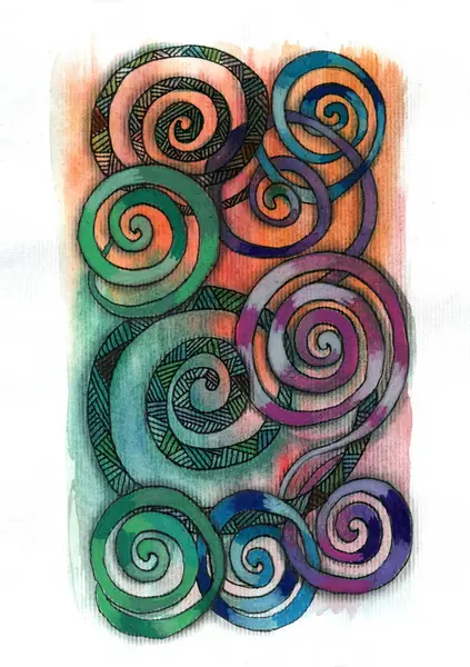 Bu, çeşitli boyut ve renklerde spirallerle dolu canlı ve dinamik bir soyut çalışması, ılık (turuncu-pembe) tondan serinliğe (yeşilimsi-mavi) yumuşak suluboya geçişlerinin bir zeminine karşı hazırlanmıştır.