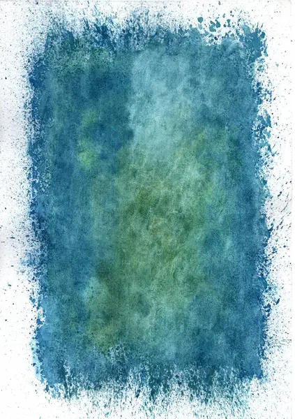 Bu soyut bir suluboya çalışması. Mavi ve yeşilin tonları arasında yumuşak geçişler var. Renkler düzgünce birbirine akıyor, çizimin kenarları boyunca düzensiz, kaotik sıçramalar var..