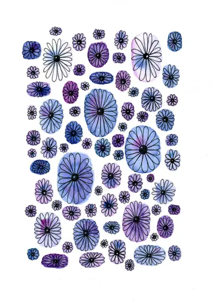 Her suluboya nokta, merkezi koyu bir noktadan çıkan ince siyah taç yapraklı, papatya ya ya da taya benzer bir çiçek içerir..