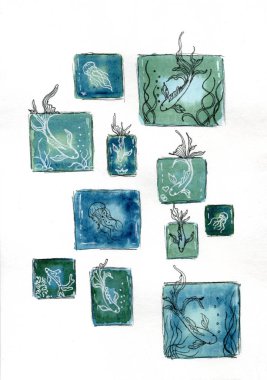 Resimde yeşil, turkuaz ve mavi tonlarında 13 ayrı dikdörtgen ve kare suluboya parçası yer alıyor. Her parçanın içinde deniz canlıları tasvir edilir: denizanası, balık.. 