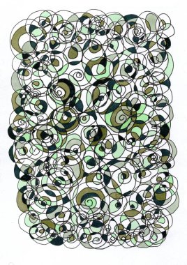 İllüstrasyon, birbirine dolanmış halkalar ve spirallerden oluşan soyut bir kompozisyon. Çizgiler ince ve canlı. Karmaşık, kaotik ve uyumlu bir ağ oluşturuyorlar..