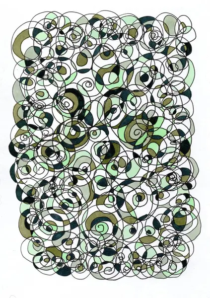 İllüstrasyon, birbirine dolanmış halkalar ve spirallerden oluşan soyut bir kompozisyon. Çizgiler ince ve canlı. Karmaşık, kaotik ve uyumlu bir ağ oluşturuyorlar..