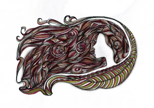 Bu zarif grafik çalışması, tamamen karmaşık, kıvrımlı çizgiler ve saç tellerini anımsatan sarmal şeklinde örülmüş bir kadın profili siluetini içeriyor.. 