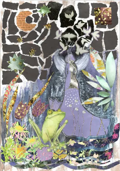 Karışık medya tekniği kullanılarak kolaj illüstrasyonu: dergi kesimleri, tekstil dokuları, basılı kağıt, altın folyo ve el yapımı elementler.