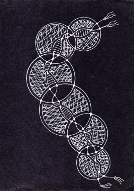 Bu illüstrasyon, siyah zemin üzerinde beyaz çizgilerle çizilmiş ince, yılanımsı bir yapıyı tasvir eder, her biri tekrarlayan dairesel segmentlerden oluşur, alternatif desenlerle dört parçaya bölünür..