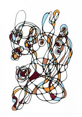 İçinde renkli kısımlar olan siyah hatlar kullanılarak yapılan soyut bir organik bileşim. Renk paleti bordo, lacivert, gök mavisi, kahverengi ve beyazı içerir..