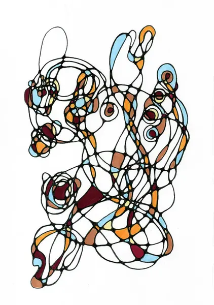 İçinde renkli kısımlar olan siyah hatlar kullanılarak yapılan soyut bir organik bileşim. Renk paleti bordo, lacivert, gök mavisi, kahverengi ve beyazı içerir..