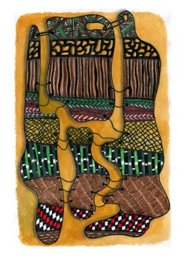 Etnik motifli soyut kompozisyon. İllüstrasyon, ahşap totemleri andıran üç dikey şekilli biçimdir. Her bir şekil zigzag, hücre, dokuma desenleri ile doludur..