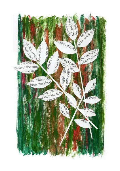 Bu yaratıcı bir kolaj çalışması, beyaz yaprak siluetleri İngilizce yazılı metinlerin olduğu sayfalardan kesiliyor. Bu yapraklar akrilik ya da gouache fırça darbeleriyle yapılmış bir zemin üzerine yerleştirilmiştir.
