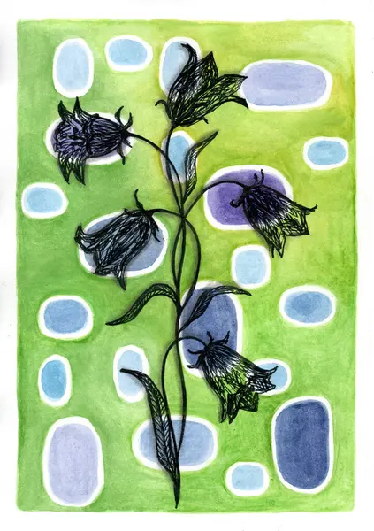 Çizimde, koyu kalem çizilmiş çanlara vurgu yapan dekoratif bir çiçek motifi yer alıyor. Soyut oval şekilli noktalarla süslenmiş canlı yeşil bir arka plana karşı dururlar..