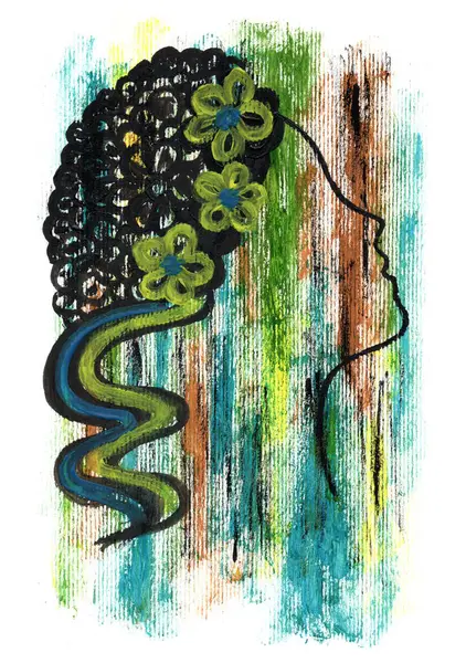 Görüntü, ince siyah çizgili bir kadın profilinin siluetini gösteriyor. Saç dantel olarak stilize edilmiştir: parlak yeşil ve mavi taç yapraklarının çiçek elementli siyah desenler.