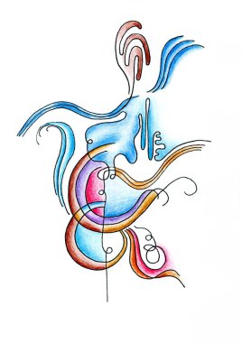 Yumuşak çizgiler ve yumuşak renk gölgeleriyle işlenmiş zarif soyut bir illüstrasyon. Birincil renkler - mavi, açık mavi, pembe, turuncu, menekşe ve deniz mavisi - dalga şeklinde dikkatlice birleştirilmiştir.