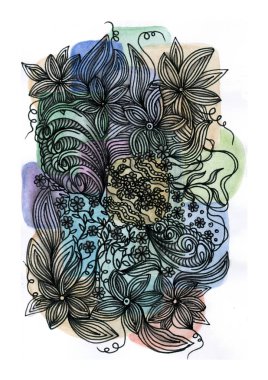 Bir suluboya arkaplan üzerinde siyah doğrusal grafiklerle yürütülen zarif bir soyut botanik kompozisyonu. Temel unsurlar birbirine dolanan fantezi çiçekleri ve buklelerdir..