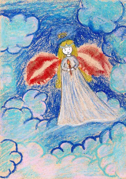 Görüntü, gökyüzünde bir bulutta duran bir meleği gösteriyor. Resim, parlak ve yumuşak renklerle, pastel çizim tekniğiyle yapılır..