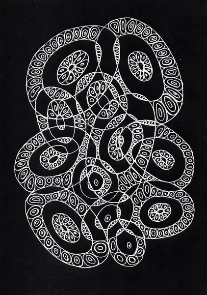 Bu siyah arkaplanda ince beyaz çizgilerle yapılan soyut siyah beyaz bir kompozisyon. Çizimin temeli oval ve yuvarlak şekillerle iç içe geçmiş ve içinde tekrarlanan desenler var.. 