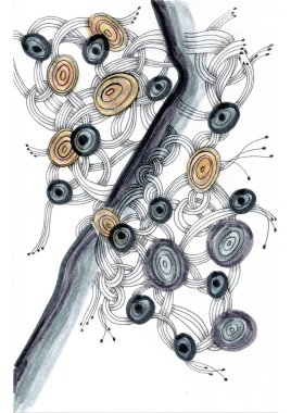 Merkezi element dikey kıvrımlı bir çizgidir, sanki resmi iki parçaya ayırır gibi. Her iki tarafında da birbirine dolanmış ince çizgiler var. Sinir uçlarını, iplikleri ya da kökleri anımsatıyor..
