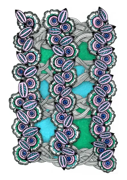 Merkezde, karmaşık bir tekstil modelini anımsatan, çapraz çapraz gri-siyah bir 