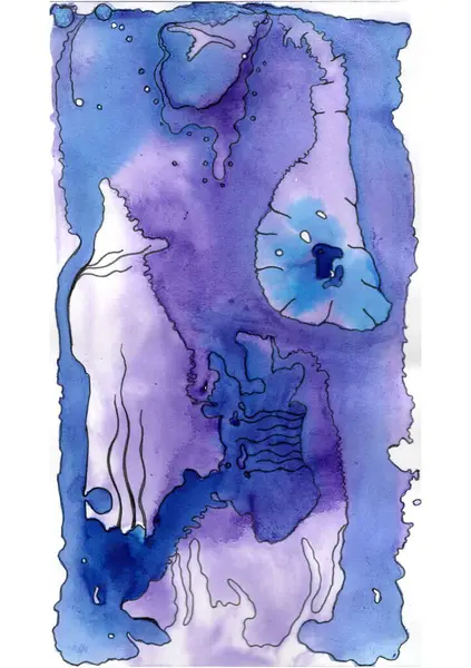 Mavi ve mor tonlarda soyut suluboya çizimleri ve pürüzsüz tonlar. Kenarlarında ve kompozisyonun içinde ince siyah çizgilerle garip şekiller vurgulanıyor..
