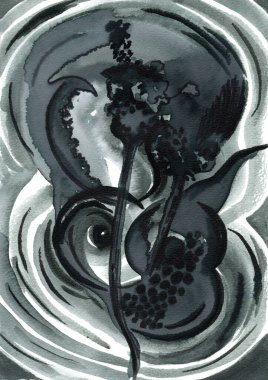 Tek renkli tonlarda, mürekkeple işlenmiş soyut bir kompozisyon. Merkezde, organik şekiller görünür, aynı zamanda bir çiçeği, bir deniz bitkisini ve bir fantezi yaratığını anımsatırlar.. 