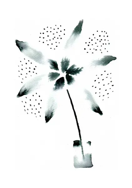 Küçük bir kaptaki uzun saplı çiçeğin minimalist mürekkep çizimi. Yapraklar yumuşak gri-siyah darbelerle yapılır. Bulanık ve havadar bir etki yaratır..