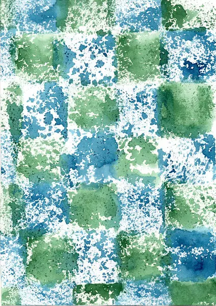 Mavi-yeşil tonlarda soyut suluboya resim. Arkaplan farklı şekil ve yoğunluklarla doludur: dikdörtgen ve yuvarlak parçalar yeşil ve mavi renklerde beyaz alanlar. 