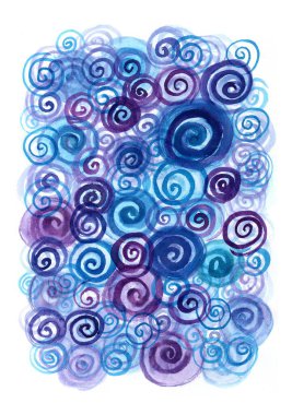 Bu illüstrasyon suluboya renginde serin bir palette yapılır: mavi, açık mavi, mor ve mor renkler spirallerin girdabında iç içe geçer. Farklı boylarda bukleler birbiriyle örtüşüyor.. 