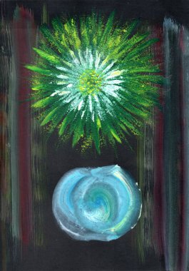 Siyah arkaplanda iki parlak element var. Üst kısımda yeşil bir parıltı var, ya egzotik bir çiçeği ya da bir enerji patlamasını anımsatıyor. Işınları yanlara doğru ayrılıyor..