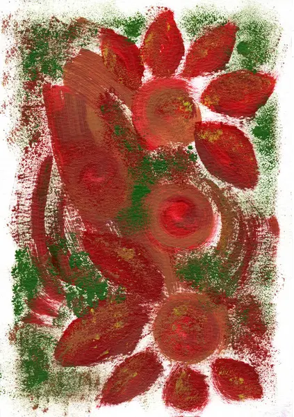 Bu illüstrasyon, kırmızı, kahverengi ve yeşil renklerin kalın fırça darbeleri kullanılarak soyut resim tarzında yapılır. Kompozisyonun ortasında, çiçeğe benzeyen şekilleri tahmin edebilirsiniz..