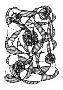 Çizim, siyah kalemle soyut grafik çizim tarzında yapılır. Bir çok iç içe geçmiş organik formdan oluşur, sinirsel bağlantıları hatırlatır ya da bir örümcek ağından..