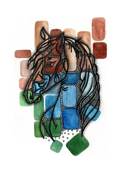 Bir at kafası silueti suluboya renkli dikdörtgenler ve pürüzsüz siyah çizgiler kullanarak oluşturuldu. Şekil, sıcak kahverengi, gök mavisi ve yeşil renkli bir mozaikten oluşturulmuştur.. 