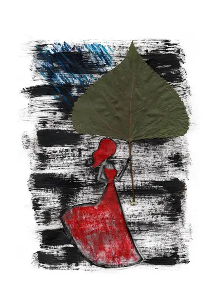 Uzun kırmızı elbisesi ve şapkası olan, üzerinde şemsiye gibi büyük yeşil bir yaprak tutan stilize bir kadın figürü. Arkaplan, mavi aksanlı siyah beyaz fırça darbeleriyle oluşturulmuştur..