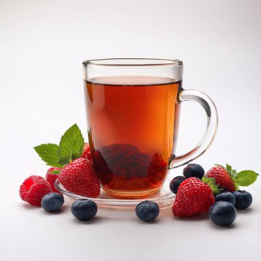 Yanında böğürtlen olan uzun bir fincan çay.