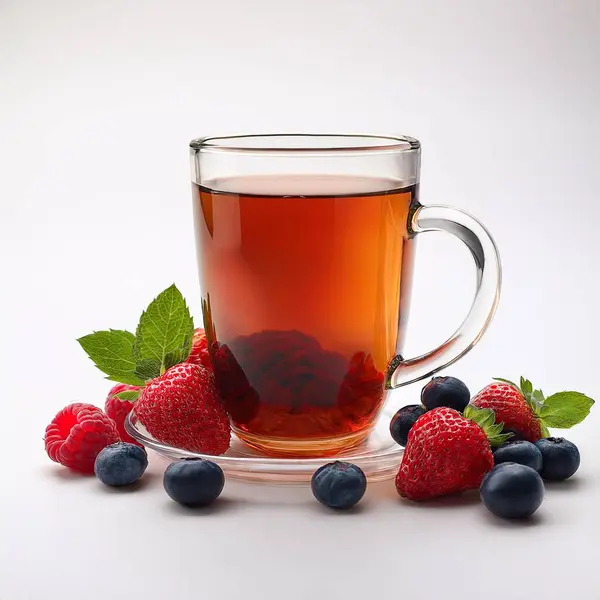 Yanında böğürtlen olan uzun bir fincan çay.