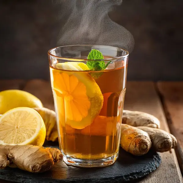 Zencefil ve limonlu bir bardak sıcak çay.
