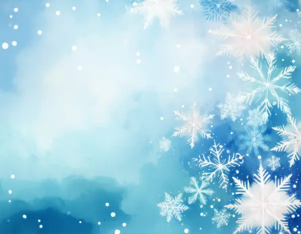 Mavi Noel arkaplanı, yanında suluboya kar taneleri var.