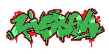 Lisboa Graffiti Parçası. Basit bir grafiti yazısı. Temiz bir grafiti mektubu. Yeşil kırmızı grafiti sanatı. Sokak sanatı. Graffiti parçası