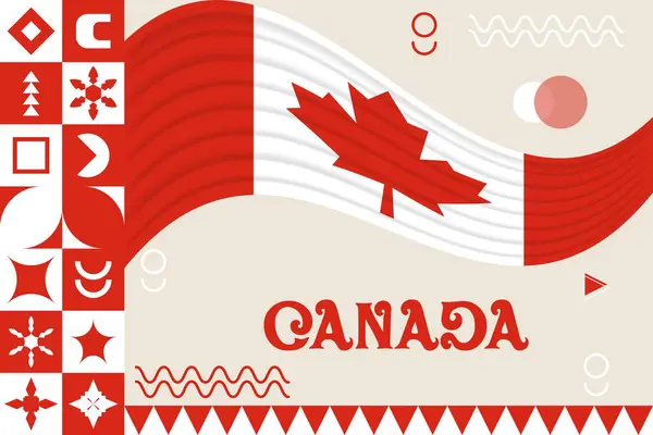 Kültürel tasarımı olan Kanada bayrağı. Kanada kutlamaları için Bağımsızlık Günü tasarımı. Bayrak, harita ve soyut simgelerle modern neo geometrik retro tasarımı. Beyaz ve Kırmızı. Vektör İllüstrasyonu