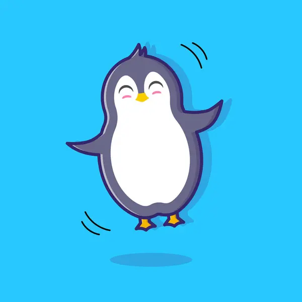 Penguen in Mid-Air: Lezzetli karikatür pengueni canlı mavi bir arkaplanda sevinçle sıçrıyor, saf bir coşku anı yakalıyor.