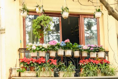 Vietnam 'ın Hanoi şehrinde güzel dekore edilmiş bir balkon.