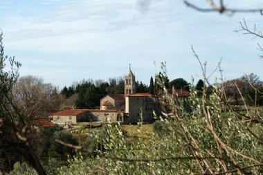 Gökyüzünün altında zeytin ağaçları ve kırsal alanlarla çevrili tarihi bir taş manastırın huzurlu manzarası.. 